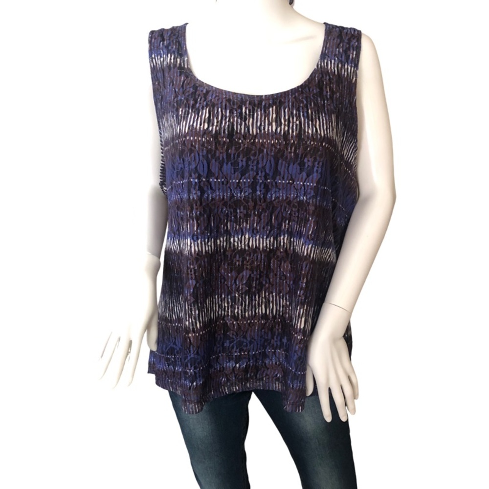 FDJ 2XL Blue Purple Floral Ribbed‎ Striped Sleeveless Blouse Stretch Eveningwear